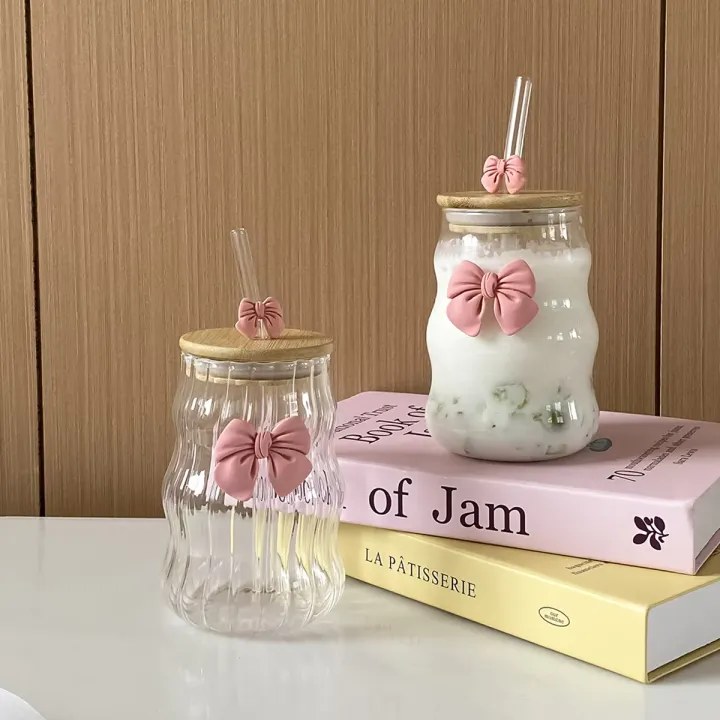 Wavy Bow Glass Tumbler with Bamboo Lid & Glass Straw with Bow Décor, Reusable Glass Straw and Wood Lid